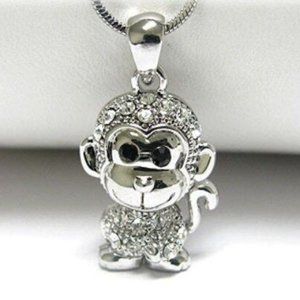 NEW Monkey Pendant Necklace Rhinestone Crystal Rhodium High Polished